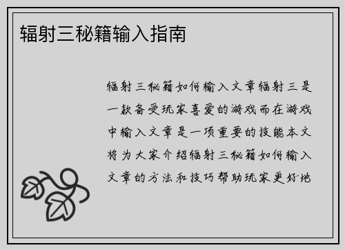 辐射三秘籍输入指南