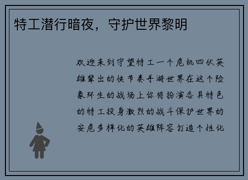 特工潜行暗夜,守护世界黎明
